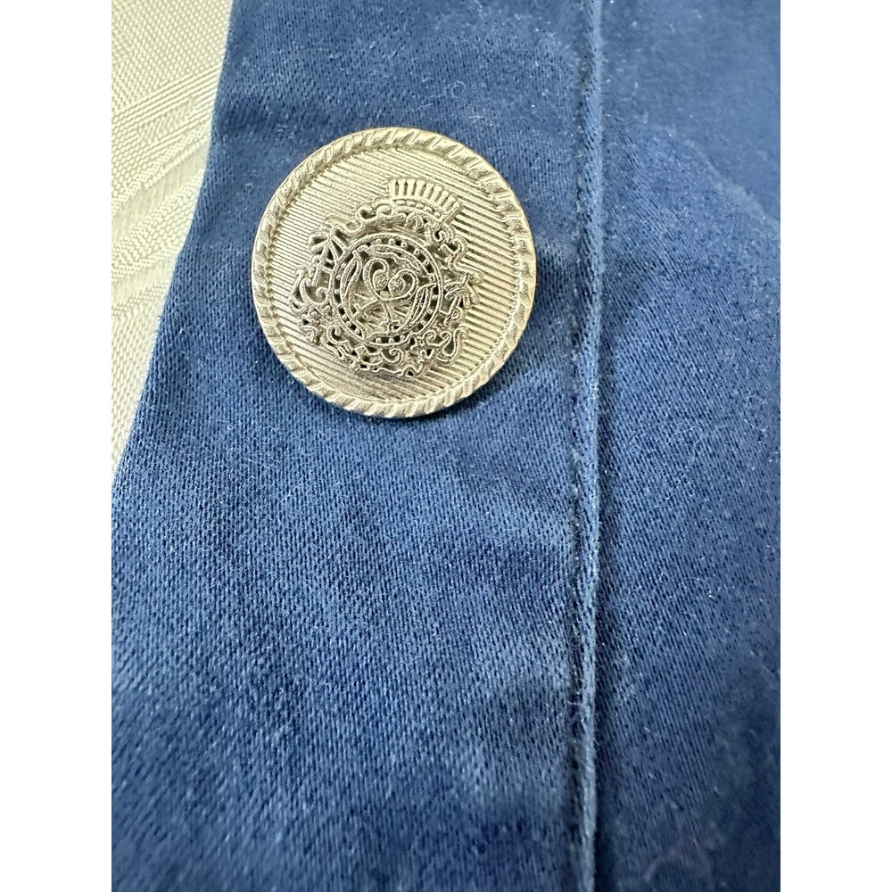 Chico's Military Jacket Women 1 Navy Blue Ruffle Hem Silver Crest Button Blazer - Picture 4 of 9